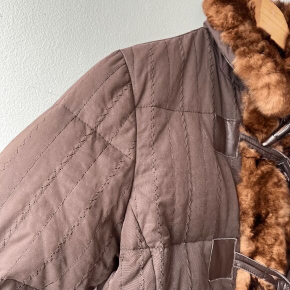 VTG Gordon & Ferguson Down Coat Rabbit Fur Trim Brown Quilted Toggle S - Picture 11 of 11